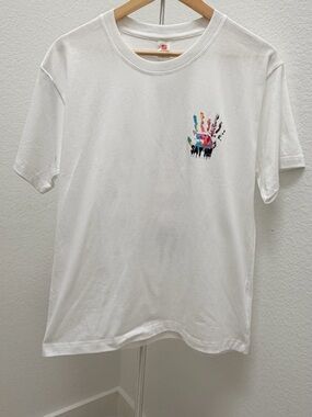 White Short-Sleeve Tee with Multicolor Handprint Detail